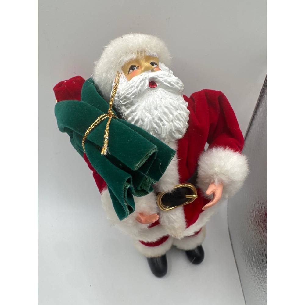 Vintage Santa Claus Figurine Red Velvet Suit Green Toy Sack 6.5 Inch